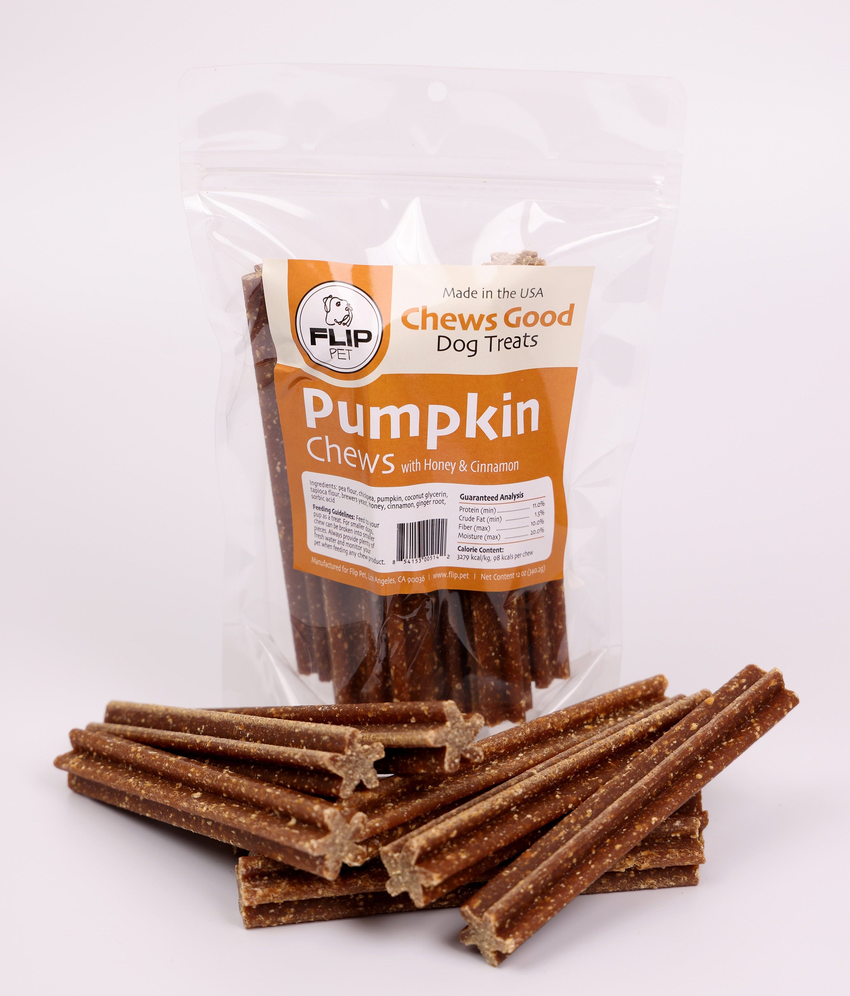 Bag of Flip Pet Pumpkin Chews for dogs on a white background