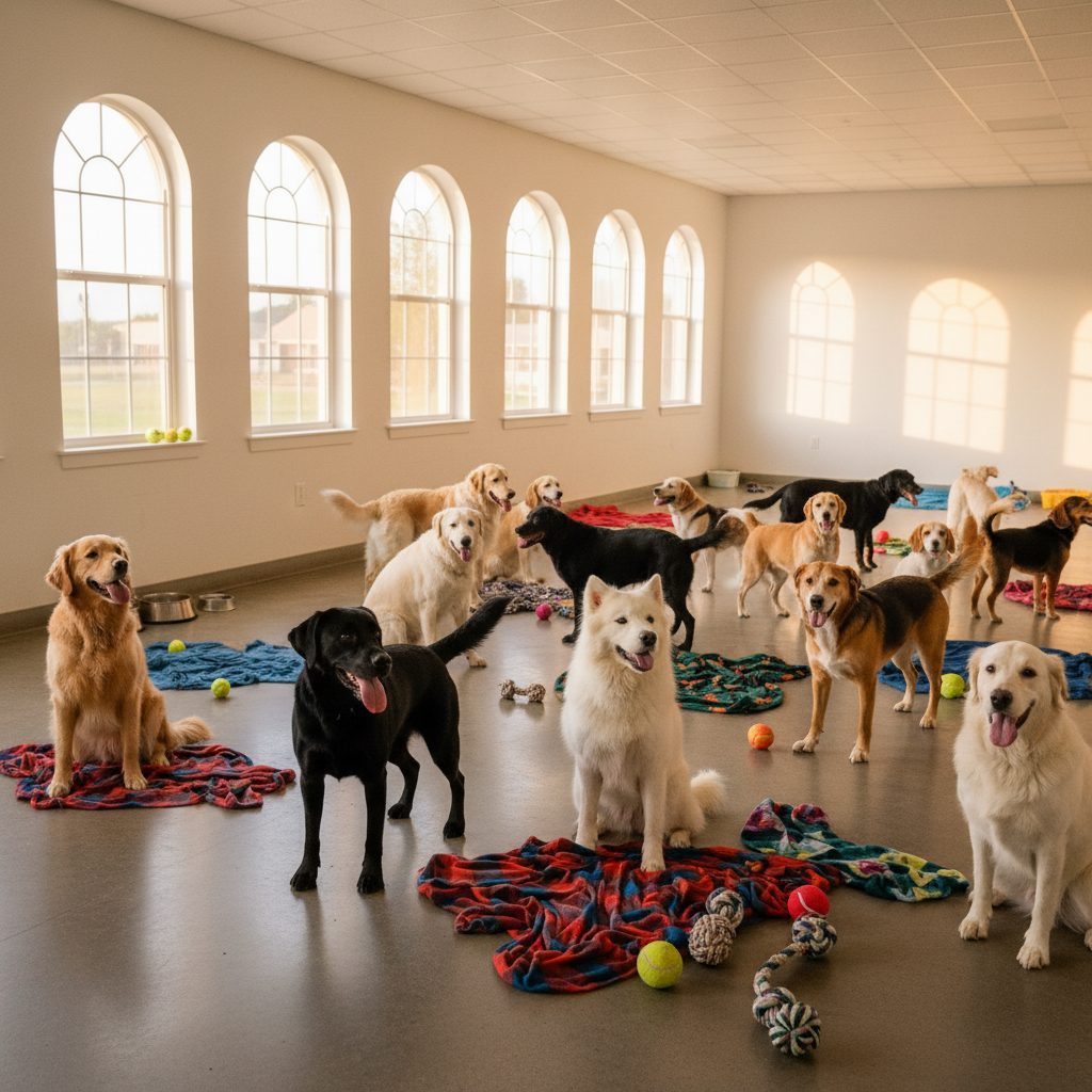 A large indoor dog playroom with arched windows, filled with multiple dogs sitting and standing on colorful dog blankets and toys on the floor.