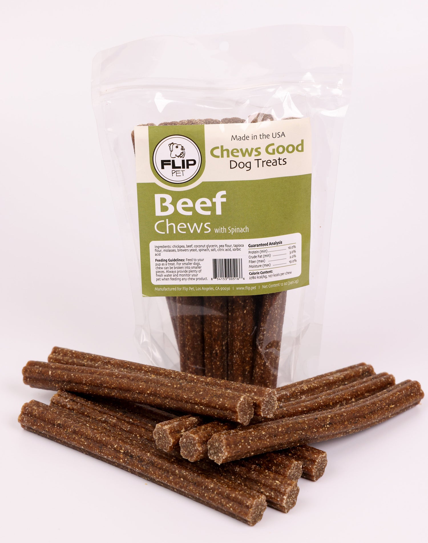 Package of Flip Pet Chews with beef for dogs on a white background