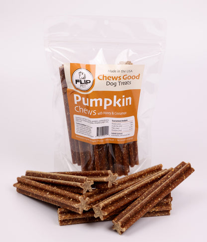 Bag of Flip Pet Pumpkin Chews for dogs on a white background