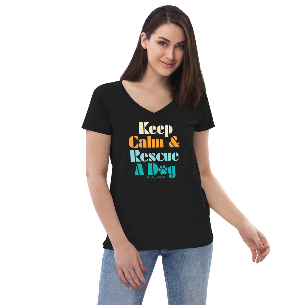 Women’s recycled v-neck t-shirt: Keep Calm & Rescue A Dog
